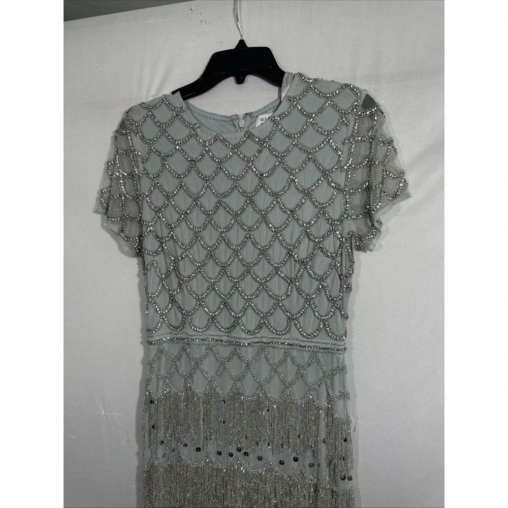 NWT Mac Duggal [ 6 ] 94077 Fringe Embellished Mesh Ankle Length Dress Gown J2379